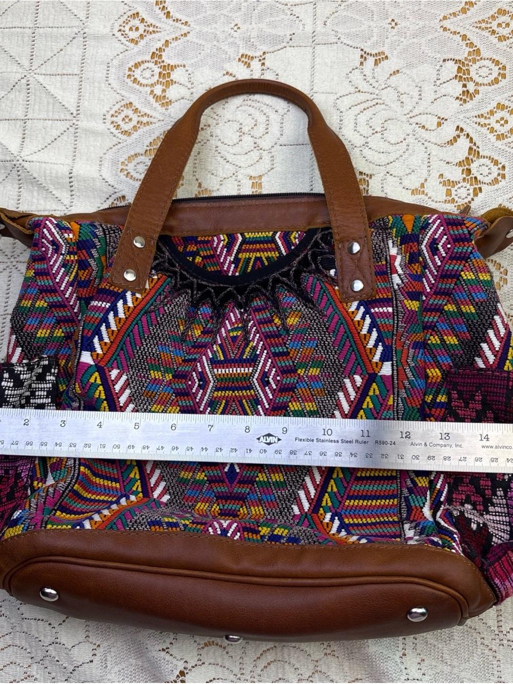 Nena & Co. Large Huipil Textile Convertible Backpack Crossbody Leather - Picture 12 of 14